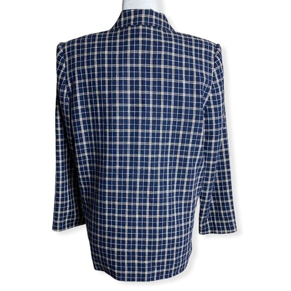 Sag Harbor Checked Plaid Linen-Blend Blue Blazer Jacket Women's Petite Size 8 - Picture 7 of 7